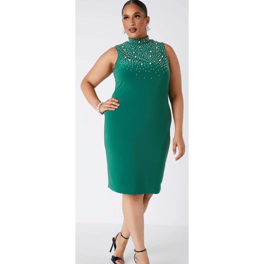 PLUS Size 18/20 2X | Women’s Faux Pearl Embellished Stretchy Knit Party Dress